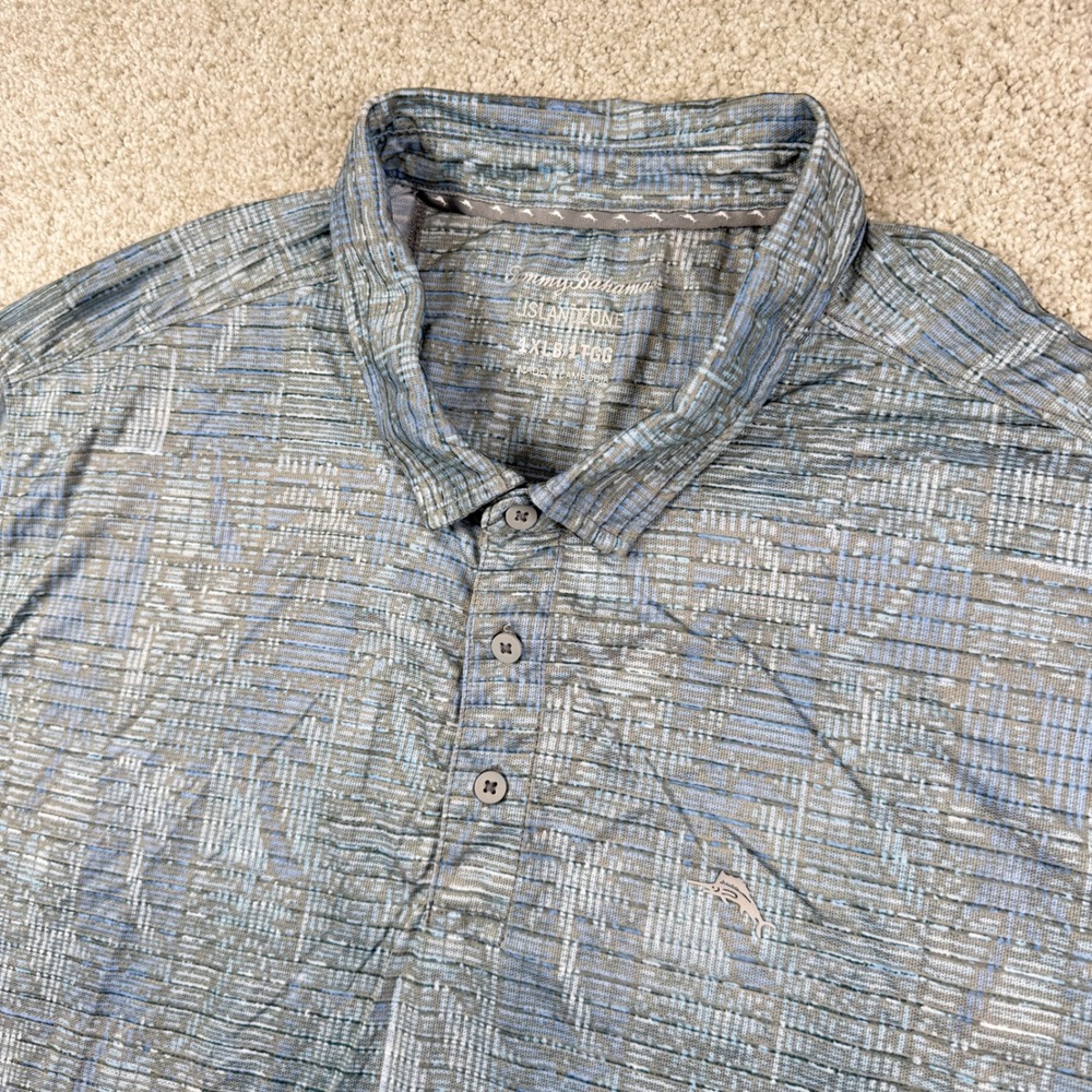 Tommy Bahama Polo Shirt Mens 1XLB Blue IslandZone Geometric Stretch Short Slv